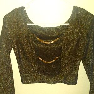 Today & Tomarrow®™Sparkly  Black & Gold short top. Open back with 2 gold chains.